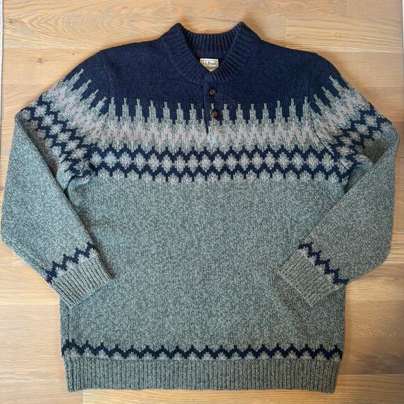 LL Bean Classic Ragg 100% Lambswool Sweater Henley Fair Isle Mens XXL Tall - Picture 3 of 8